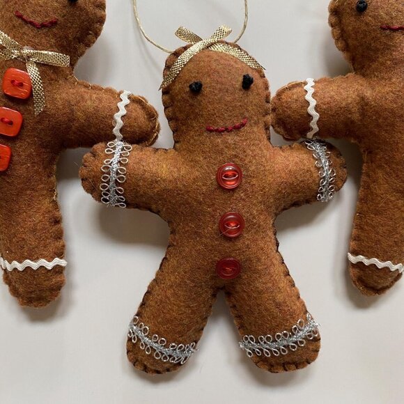 Gingerbread Man Christmas Tree Ornaments Handmade Felt Hand Stitched - Picture 4 of 5